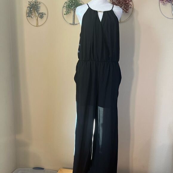 NWT! BCX Dress Black Wide Leg Semi Sheer Jumpsuit with Gold Keyhole Detail L - Picture 3 of 16